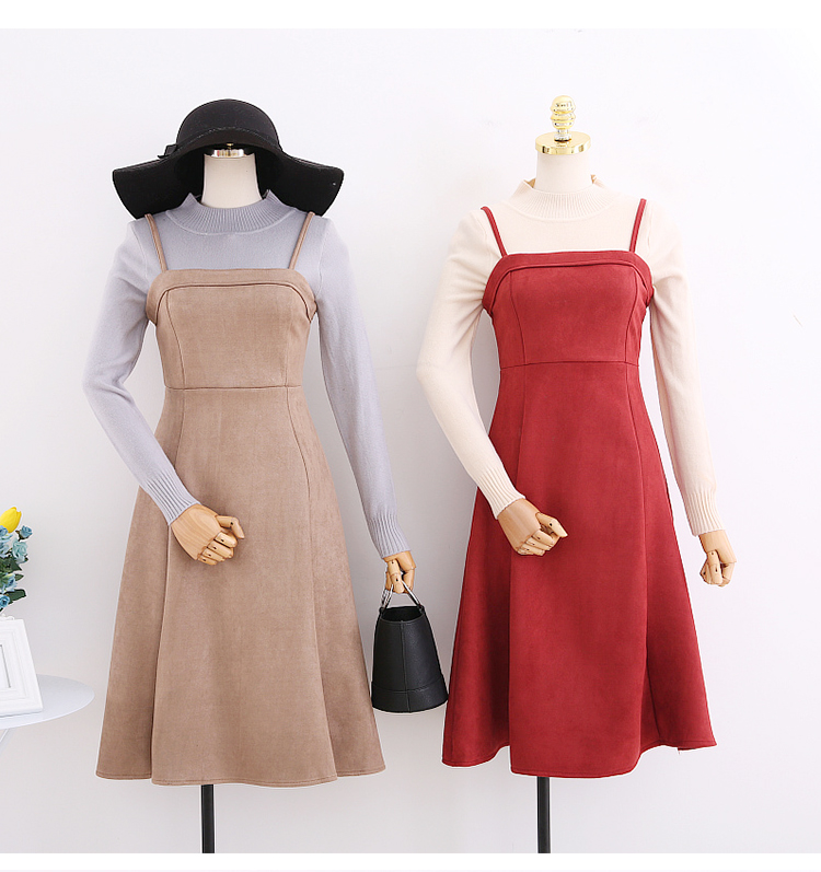 Thu đông 2017 phiên bản Hàn Quốc của thời trang mới hoang dã retro chất liệu da lộn màu rắn treo váy cao eo dài nữ 	váy thắt dây eo	