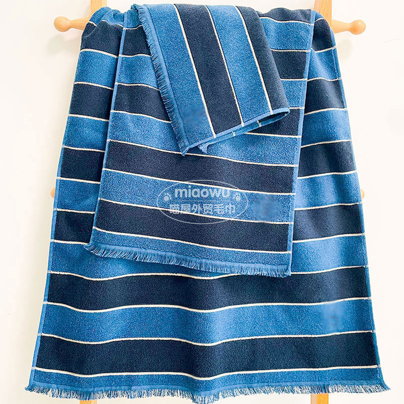 Foreign Trade Export Order Blue Striped Pure Cotton Extra-Long Towel Terry Soft Bath Towel Embroidered Polo Bath Towel Absorbent