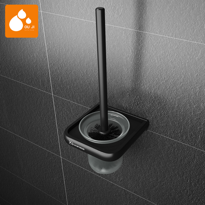 Ouji free hole bathroom black toilet brush holder set space aluminum powder room toilet rack Toilet brush head cup holder