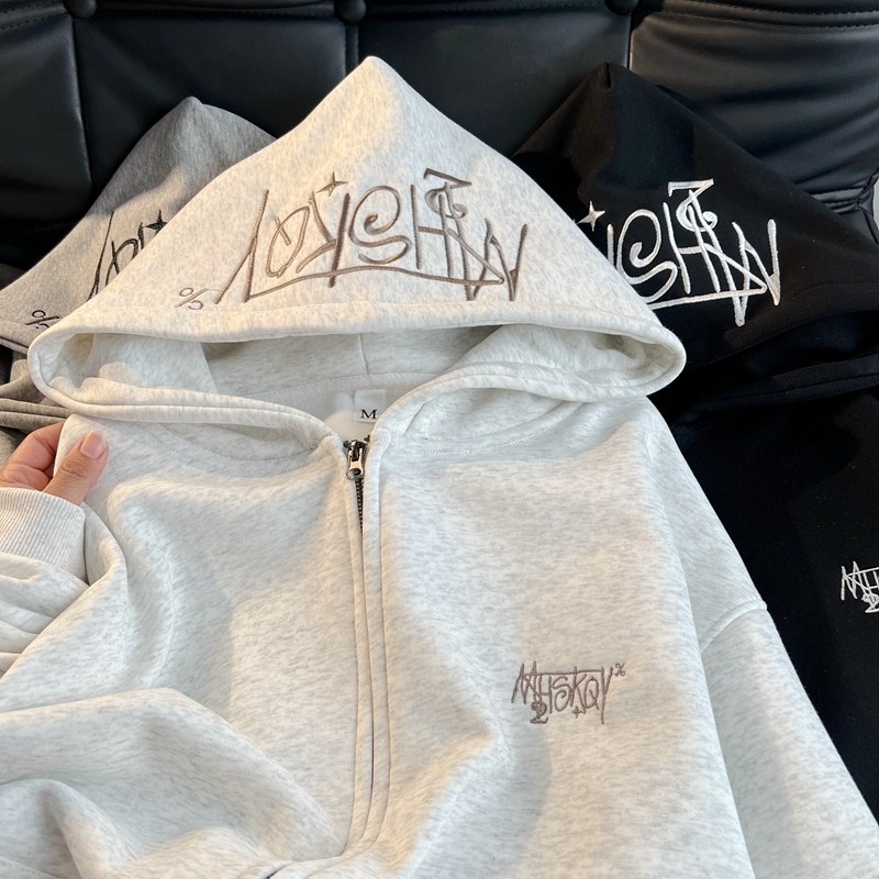 Pure Cotton Hand-Embroidered ~ Chinese Trendy Brand Couple's American-Style Cardigan Hooded Sweatshirt for Men, Loose Fit, Fleece-Lined Zip-Up Jacket