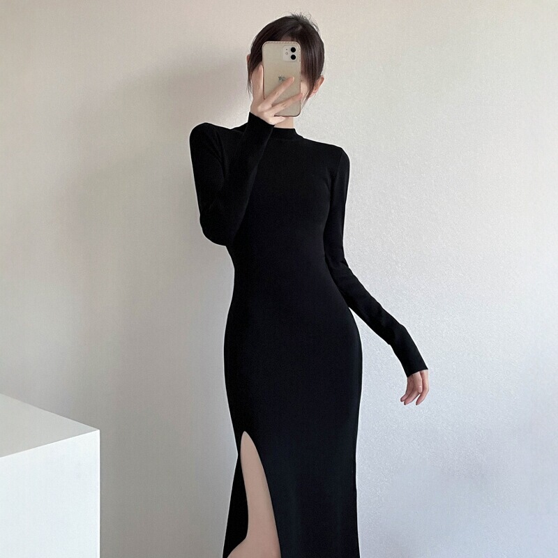 Base Dress for Women, Spring, Sexy, Half-High Collar, Black, Slit, Slim Fit, Long Knitted Dress, One-Piece Dress, Long Skirt