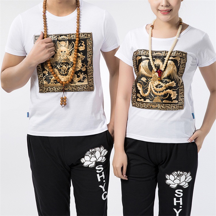 Trung quốc phong cách robes thêu ngắn tay t-shirt nam giới và phụ nữ Triều Đại Nhà Thanh quần áo chính thức cotton vòng cổ lỏng kích thước lớn vài nửa tay áo triều