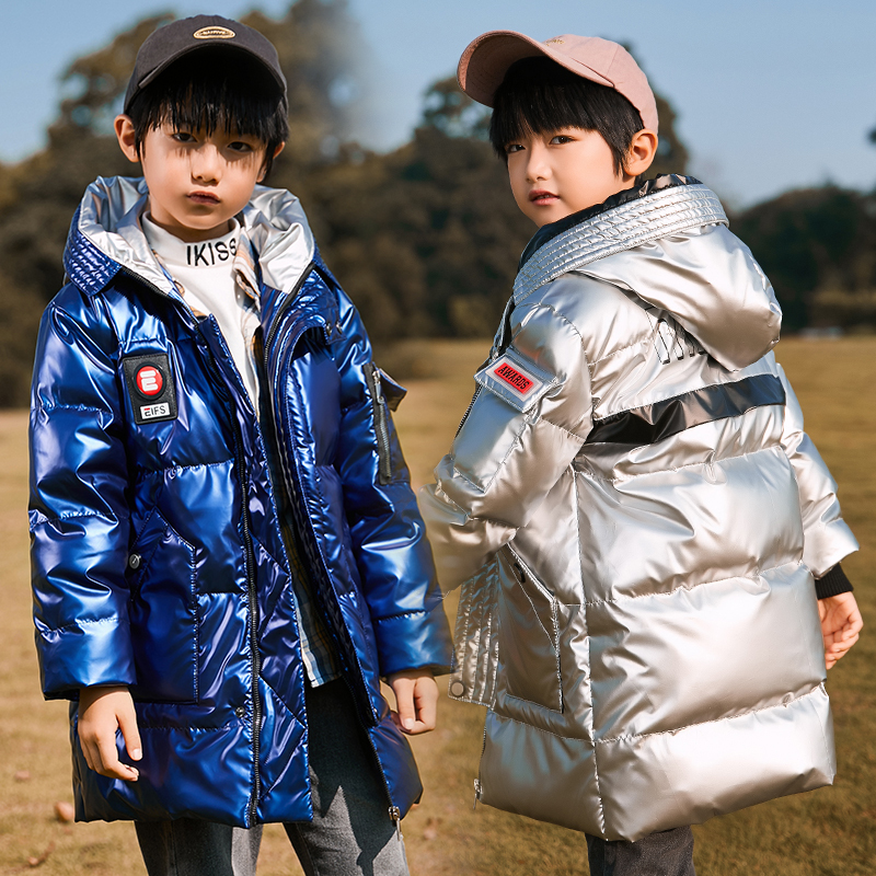 Boys and Girls Mid-Length Thickened No-Wash down Jacket Black Silver Royal Blue Coat Big Kids Hooded Cotton-Padded Jacket Winter Clothes