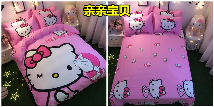 Cotton Hello Kitty bốn mảnh cô gái tim quilt cover sheets cotton phim hoạt hình kt mèo trẻ em giường trampoline ba mảnh