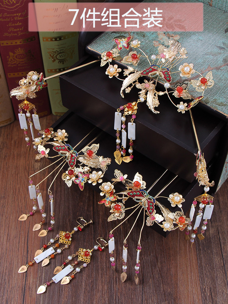 2018 new bridal headdress Chinese phoenix crown wedding Xiuhe kimono dragon and phoenix hanging ancient costume hair accessories set accessories