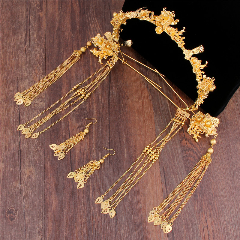 Red bean bride Chinese headdress Phoenix crown Wedding Xiuhe dress Dragon and Phoenix hanging headdress Ancient costume Hanfu hairpin swing jewelry