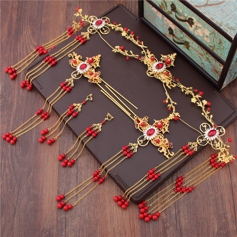 Xiu he bridal ancient dress headdress set Fengtianhuixia Chinese red tassel hair ornaments xiu he clothing ancient step shake accessories