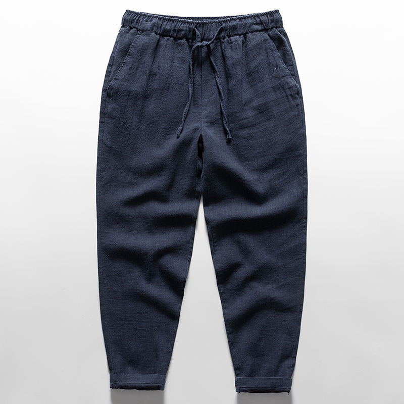 Summer Cotton and Linen Casual Pants for Young Men, Japanese Style, Large Size, Loose Nine-Point Pants, Spring and Autumn Elastic Waist Breathable Linen Long Pants for Men