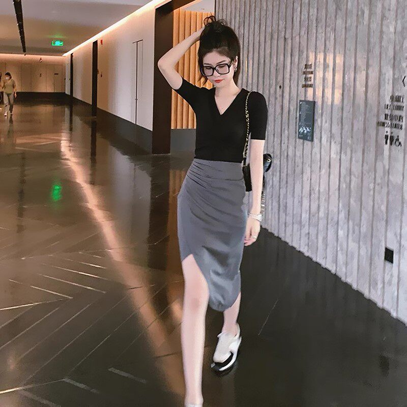 LILY MOST temperament Hepburn style suit skirt summer Korean version V-neck top irregular skirt two-piece female