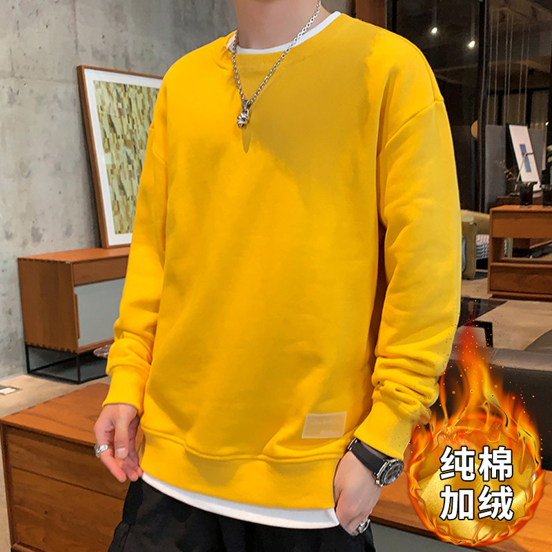 Tide Card Fake Two clothing men's autumn winter 2022 new Korean version trendy loose plus suede thickened round collar 100 lap long sleeves