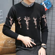 Tide brand embroidered sweater mens shirt collar fake two pieces slim new sweater casual trend shirt collar base shirt