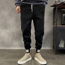 Tide brand plus velvet padded pants mens slim toe pants elastic waist Japanese sweatpants personality padded casual pants