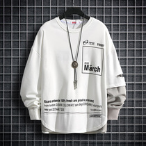 Tide Street Fashion clothing T-shirt Mens Korean version printed round collar splicing Loose Harbour Wind Fake two zdyeing long sleeves