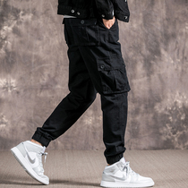 Tide brand spring and autumn casual overalls mens loose straight trousers Korean version of the trend big pocket small feet plus velvet tie pants