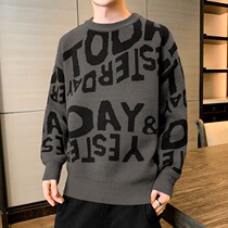 Tide brand letter round neck Flower sweater men warm autumn winter thick personality base sweater Korean trend sweater