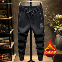 Chao brand skull embroidered casual pants mens sweatpants plus velvet leg pants loose size solid color elastic waist pants