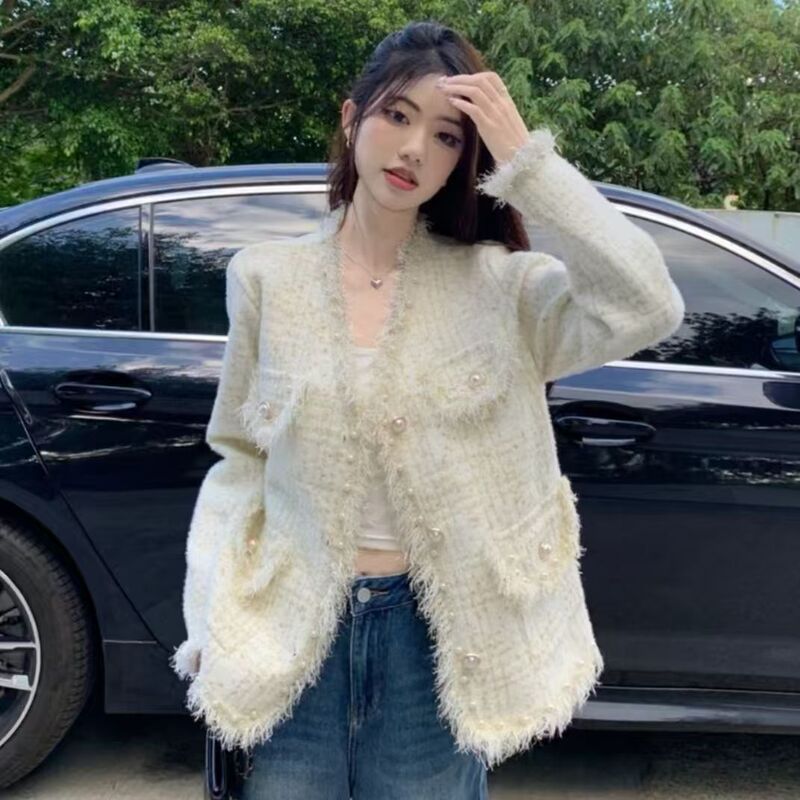 Trendy Style Jacket for Women, New Spring and Autumn Style, Elegant Faux Mink Velvet Tassel Cardigan, Stylish Knitted V-Neck Korean-Style Top