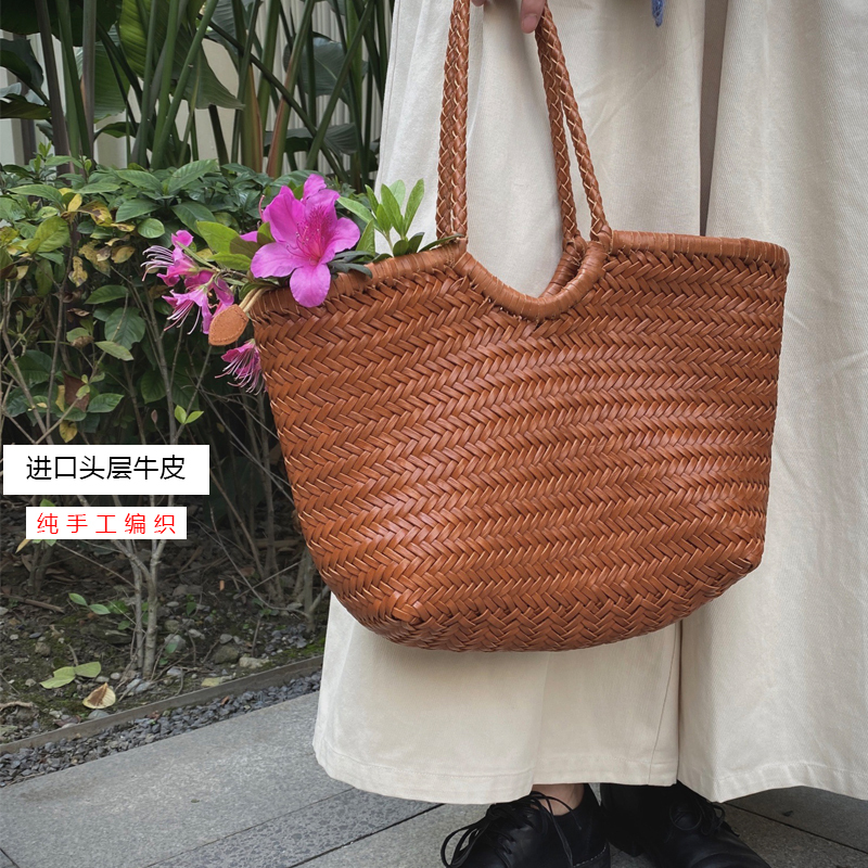 Dragon Handmade First-Layer Cowhide Woven Bag for Women, Summer French Niche Market Basket Bag, Genuine Leather Shoulder Tote Bag