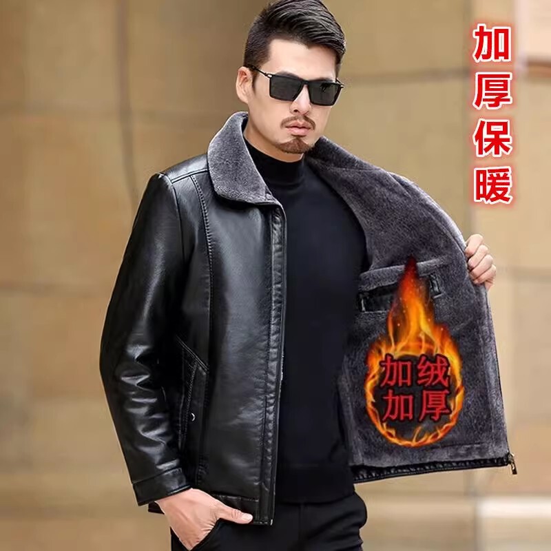 Haining Autumn and Winter New Style Genuine Leather Jacket for Men, Turn-Down Collar Sheepskin Jacket, Fleece-Lined and Thickened, Winter Warm Leather Coat