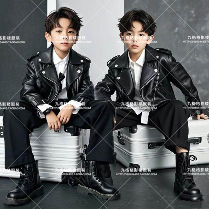 男童舞台走秀皮衣机车服装模特大赛科技风战队潮服表演儿童演出服