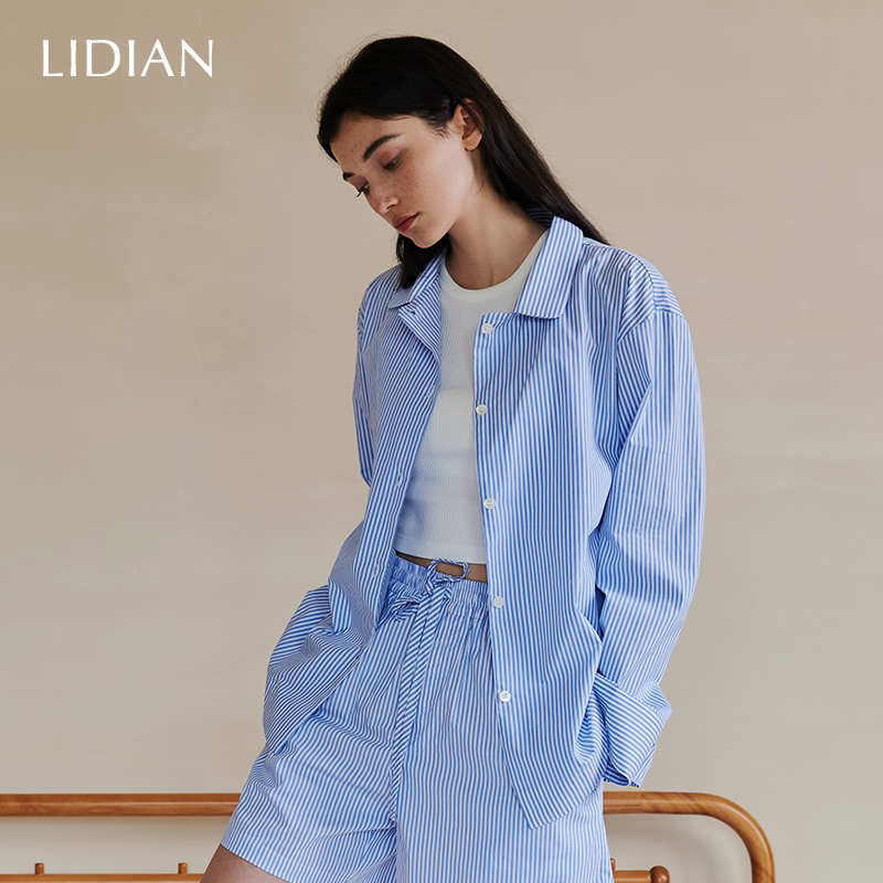 Lidian Blue Striped Women's Minimalist High-End Pure Cotton Pajamas Long-Sleeved Shirt Shorts Loungewear Set Can Be Worn Outside Lidian Blue Striped Women's Minimalist High-End Pure Cotton Pajamas Long-Sleeved Shirt Shorts Loungewear Set Can Be Worn Outside