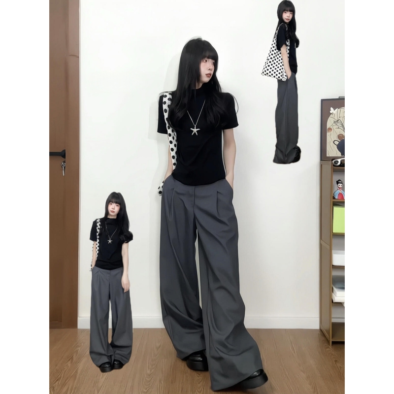 180cm Tall, 175cm Extended Length, Vintage Dark Gray Casual Suit Pants for Women, Lazy Loose Drape Wide-Leg Floor-Length Pants