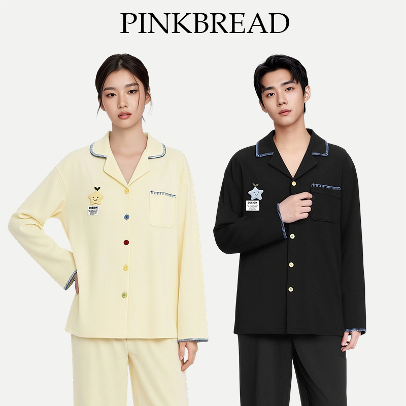 Pinkbread【Smiley Face Star】Couple Pajamas Super Soft Tencel Cotton Long Sleeve Loungewear Can Be Worn Outside in Autumn