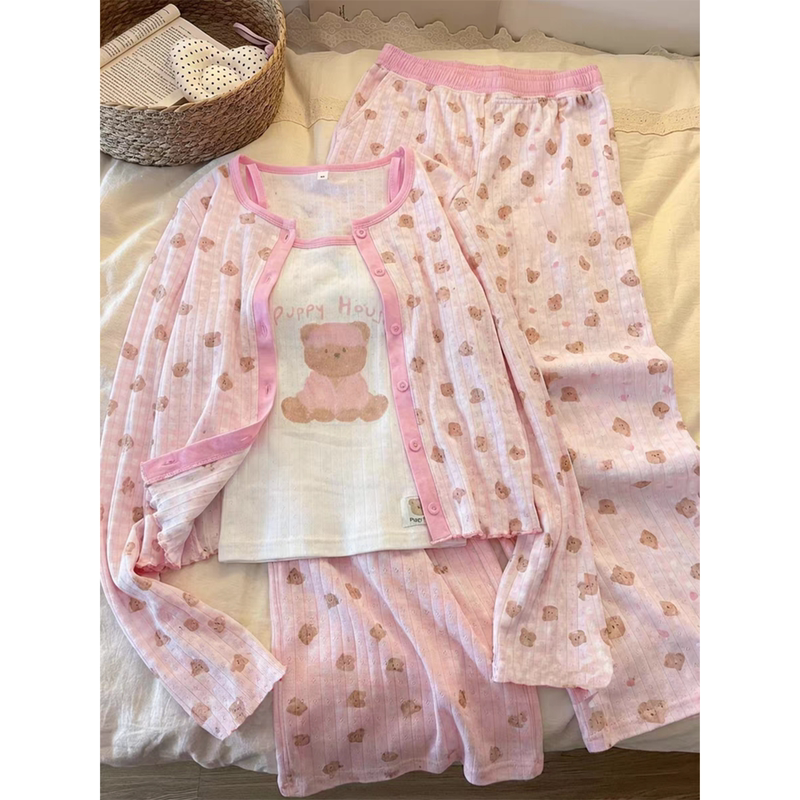 Japan Gp&Jp Pink Bear Print Suspender Pajamas for Women, Summer Cardigan with Chest Pads, Thin Style Home Three-Piece Set Japan Gp&Jp Pink Bear Print Suspender Pajamas for Women, Summer Cardigan with Chest Pads, Thin Style Home Three-Piece Set