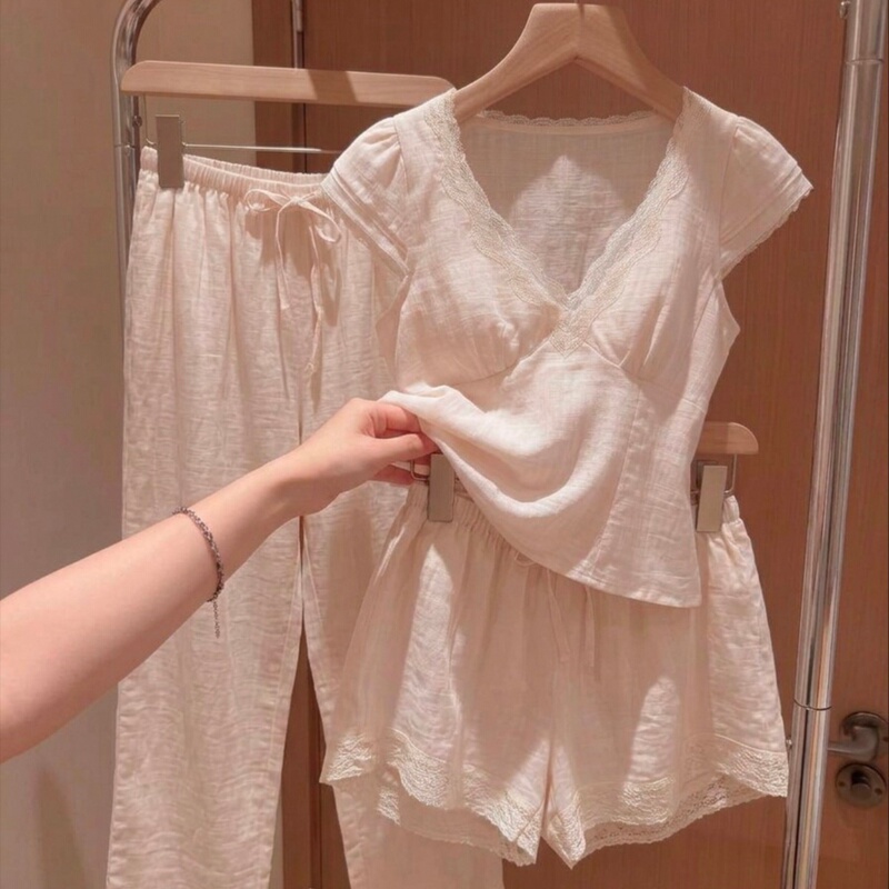 Japanese Gp&Jp Korean-Style Retro Lace Short-Sleeve Pajamas for Women, Summer Plus-Size Shorts Loungewear Set Japanese Gp&Jp Korean-Style Retro Lace Short-Sleeve Pajamas for Women, Summer Plus-Size Shorts Loungewear Set