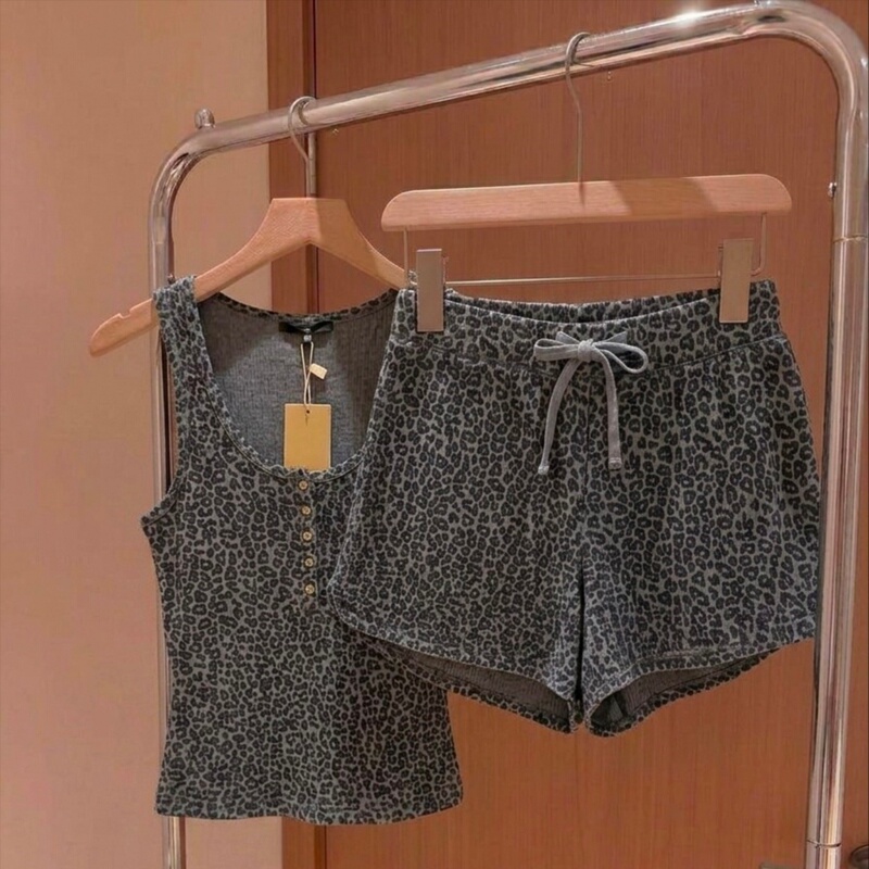 Japan Gp&Jp Korean Retro Gray Leopard Print Suspender Pajamas Women's Summer Shorts Home Wear Set