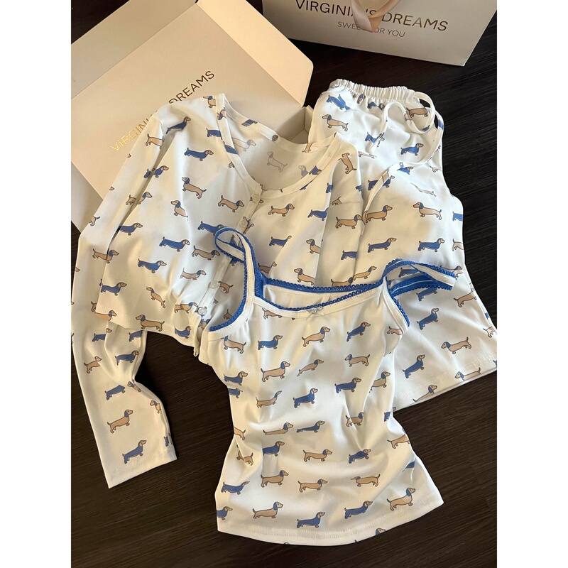 Japanese Gp&Jp Korean Version Cartoon Dachshund Print Suspender Pajamas for Women 2026 Spring Style Home Wear Three-Piece Set