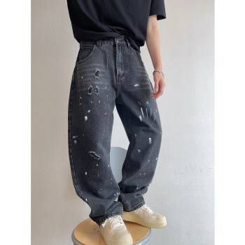 Dannyandzee Spring Vintage Heavy Wash Ripped Paint Splatter Scimitar Pants Black Jeans Men's Long Pants
