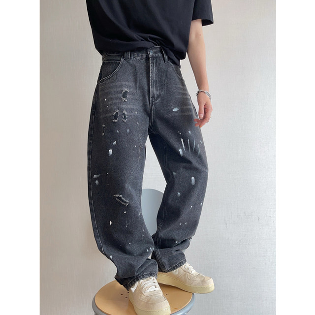 Dannyandzee Spring Retro Heavy Washed Hole Paint Spot Spray Paint Scimitar Pants Black Jeans Men's Trousers