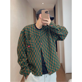 Dannyandzee Spring Vintage Loose Green Checkerboard Color-Block Plaid Collarless Frayed Jacket for Men