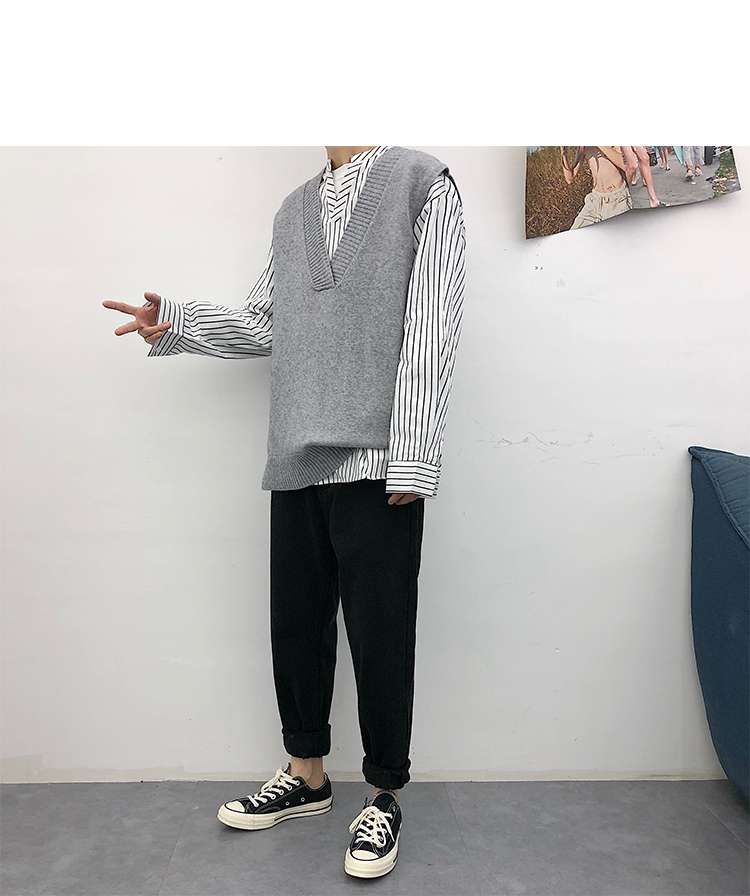 Danielandzee 18 mùa thu retro đen trắng xám ba màu cổ chữ V rộng rãi đan len vest nam đồ vest nam