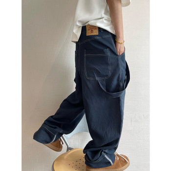 Dannyandzee Summer Versatile Navy Blue Linen Contrast Stitching Ribbon Rolled Hem Straight-Leg Pants Cargo Pants Men