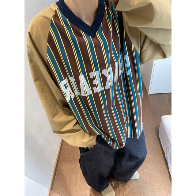Dannyandzee autumn retro all-match letter print striped splicing raglan sleeves long sleeves V-neck TEE men's INS