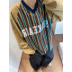 Dannyandzee autumn retro all-match letter print striped splicing raglan sleeves long sleeves V-neck TEE men's INS