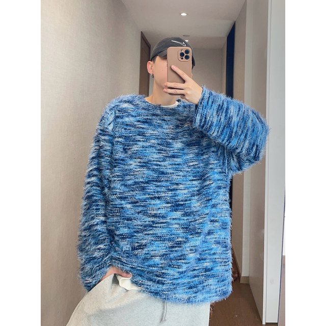 Dannyandzee spring retro gradient color mixed color collarless loose furry long-sleeved T-shirt men's bottoming shirt couple