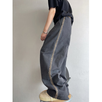 Dannyandzee Spring and Summer Charcoal Gray Beaded Canvas Raw Edge Webbing Spliced Straight-Leg Pants Men's Cargo Pants Long Pants ins