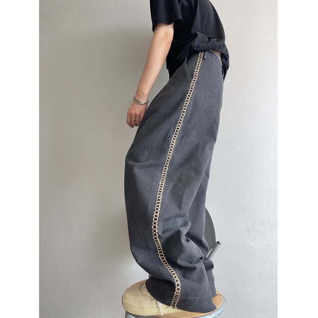 Dannyandzee spring and summer charcoal gray beaded canvas raw edge webbing spliced ​​straight pants men's overalls trousers INS