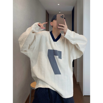 Dannyandzee Spring Vintage Versatile Loose V-Neck Letter Print Pleated Seersucker Shirt Jersey for Men