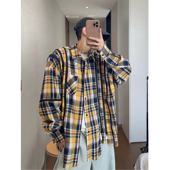 Dannyandzee Spring and Summer Colorful Yellow and Blue Plaid Retro Patchwork Oversize Detachable Long-Sleeved Shirt for Men