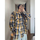 Dannyandzee spring and summer colorful yellow and blue plaid retro stitching OVERSIZE detachable long-sleeved shirt for men