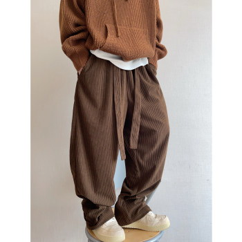 Dannyandzee Spring Vintage Chestnut Brown Thick Corduroy Drape Ribbon Scimitar Pants Casual Pants