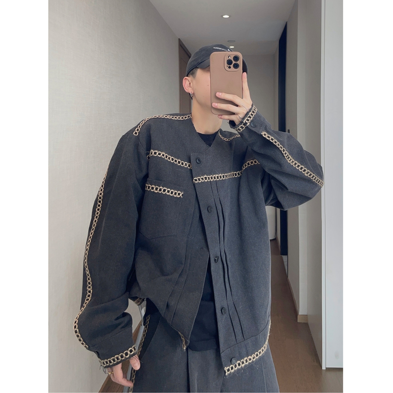 Dannyandzee Spring and Summer Loose Style Beaded Canvas Loose Collarless Raw Edge Webbing Work Jacket for Men