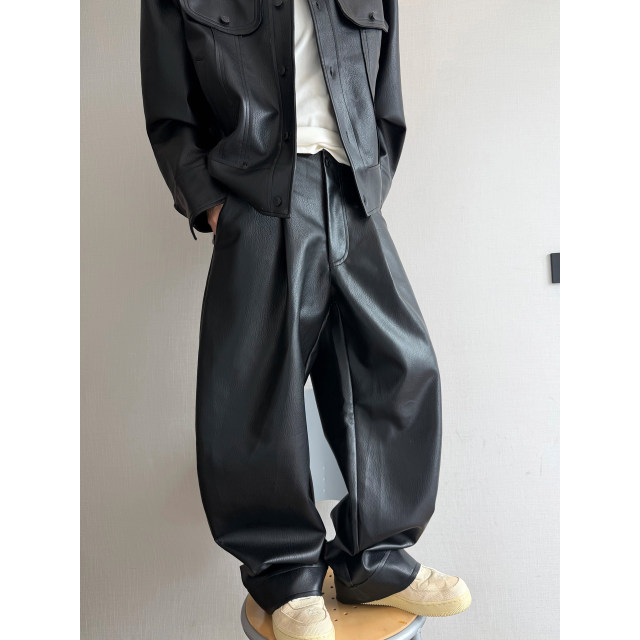 Dannyandzee spring retro versatile solid color loose warm windproof PU leather straight casual pants for men
