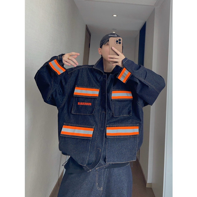 Dannyandzee spring retro street original cow color reflective strips spliced ​​three-dimensional pocket jacket men's INS