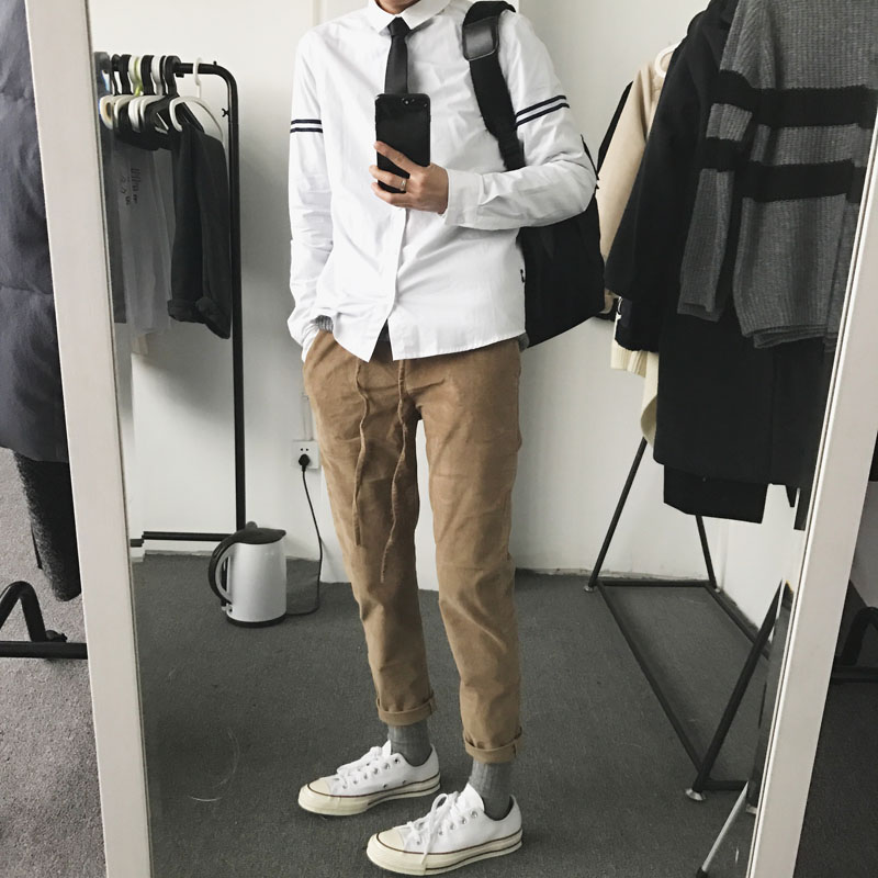 dannyandzee 秋季蓝白条纹织带款修身棉长袖白衬衫衬衣男
