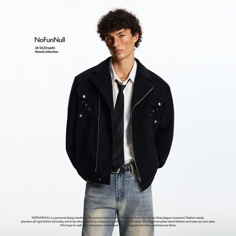 Nofunnull American Retro Design Rivet Deconstructed Jacket Spring Short Silhouette Casual Jacket for Men and Women